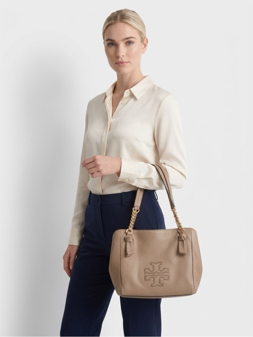 Tory Burch Pebbled Leather Shoulder Bag in Taupe